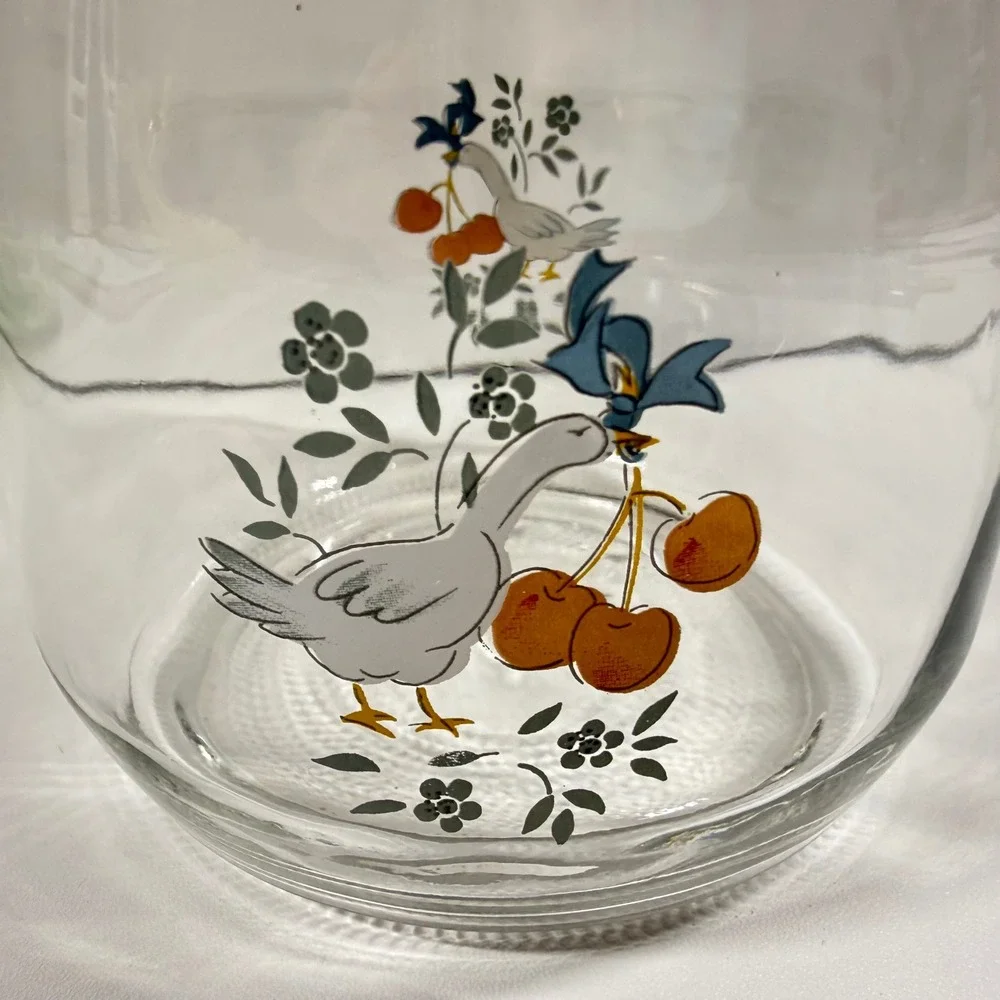 Vintage 80s Arc France GOOSE & CHERRIES Glass Canister 3/4L Wire Bail Jar NICE